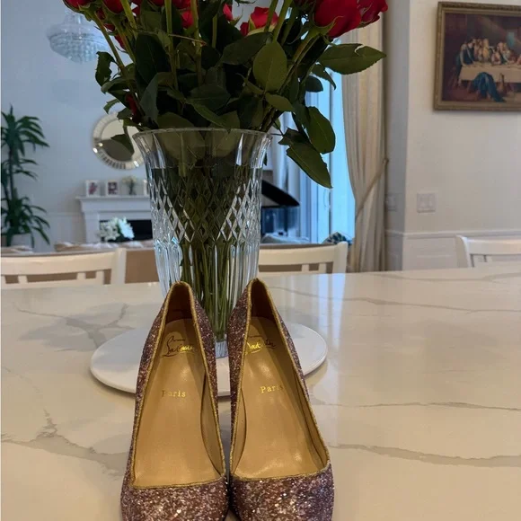 Christian Louboutin Authentic Pink Glitter Pointed Toe Pumps 38